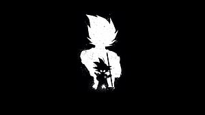 Goku Silhouette with Staff and Shadow Figure on Black Background HD wallpaper