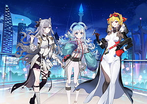Hololive ID Gen 3 VTubers Vestia Zeta, Kaela Kovalskia, and Kobo Kanaeru in Futuristic City HD wallpaper