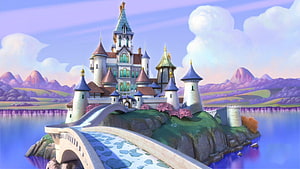 Sofia the First Enchancia Castle on a Lake Island with Stone Bridge and Purple Mountains HD wallpaper