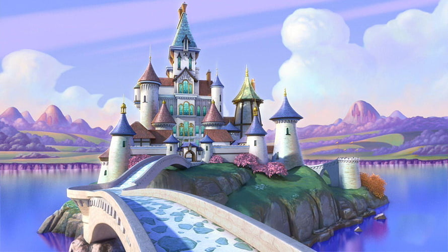 Sofia the First Enchancia Castle on a Lake Island with Stone Bridge and Purple Mountains HD wallpaper