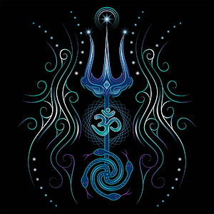 Stylized Shiva Trishul with Om Symbol and Serpent on Black Background HD phone wallpaper