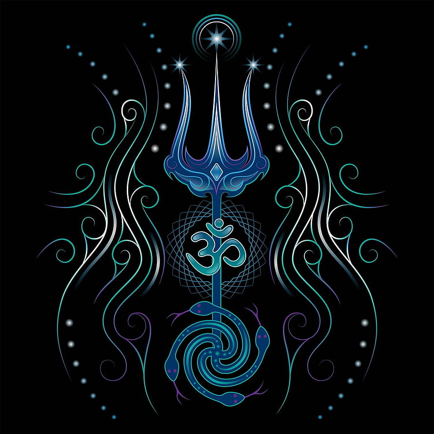 Stylized Shiva Trishul with Om Symbol and Serpent on Black Background HD phone wallpaper
