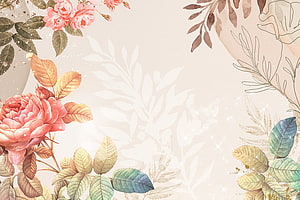 Watercolor Floral Border with Pink Roses and Autumn Leaves on Cream Background HD wallpaper