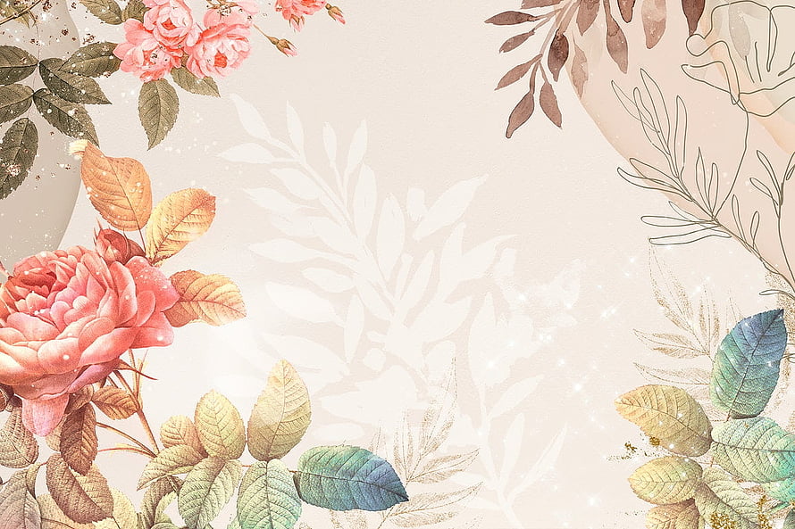 Watercolor Floral Border with Pink Roses and Autumn Leaves on Cream Background HD wallpaper