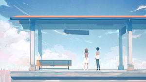 Yorushika Silver's Lyrics Illustration of a Couple at a Train Station Under a Blue Sky HD wallpaper