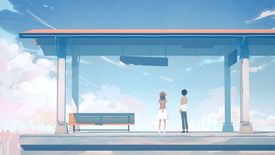 Yorushika Silver's Lyrics Illustration of a Couple at a Train Station Under a Blue Sky HD wallpaper