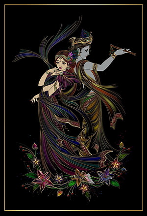Krishna and Radha in ornate traditional attire with flute and flowing garments on black background HD phone wallpaper