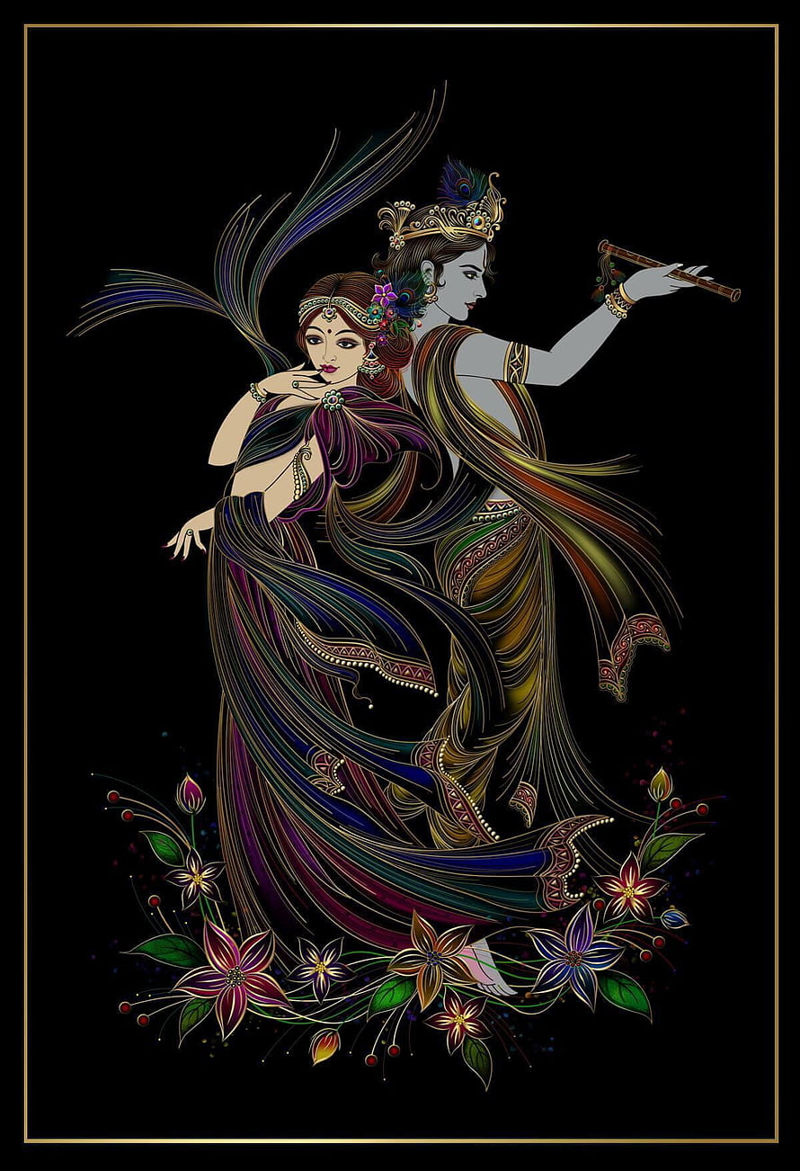 Krishna and Radha in ornate traditional attire with flute and flowing garments on black background HD phone wallpaper