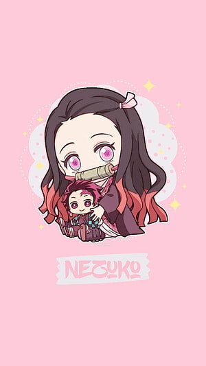 Chibi Nezuko and Tanjiro from Demon Slayer in a Cute Pink Illustration HD phone wallpaper