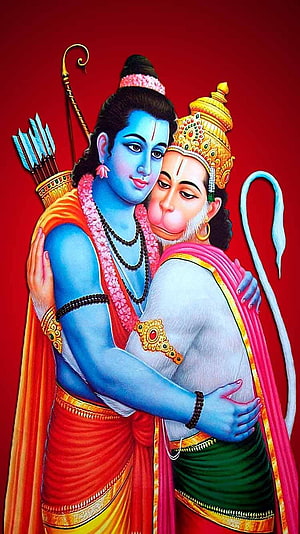 Lord Ram and Hanuman Embracing in Traditional Indian Devotional Art, Shri Ram Hanuman, lord ram mobile HD phone wallpaper