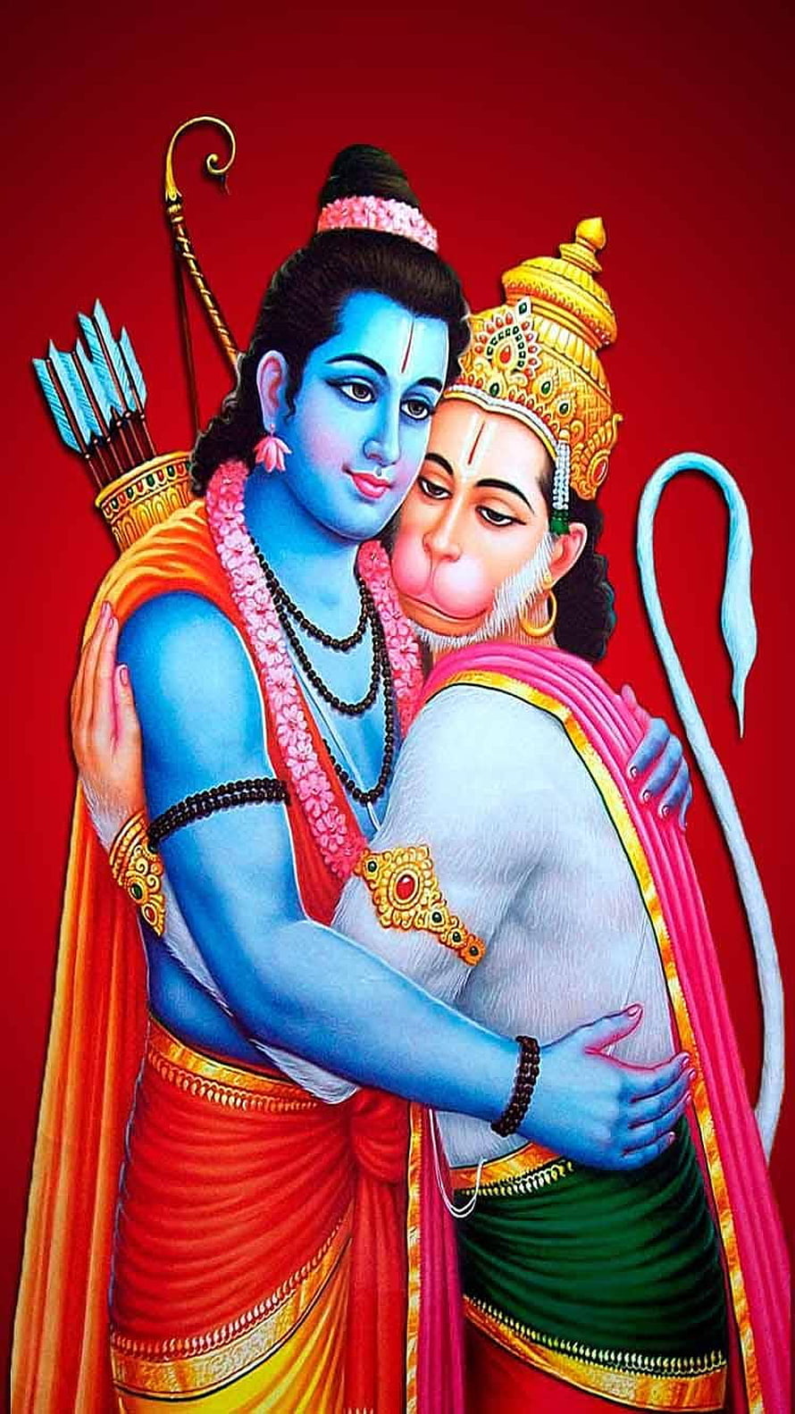 Lord Ram and Hanuman Embracing in Traditional Indian Devotional Art, Shri Ram Hanuman, lord ram mobile HD phone wallpaper
