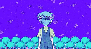 Basil from Omori in a dreamy purple starry sky with a flower crown and overalls HD wallpaper