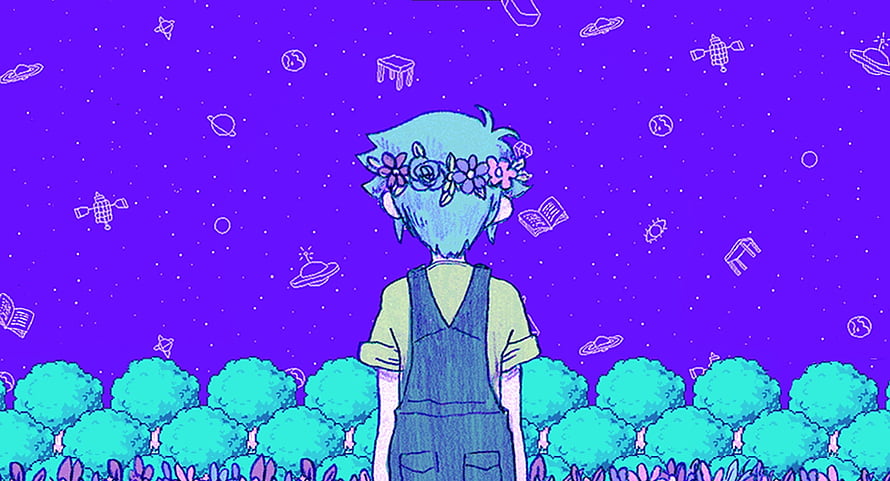 Basil from Omori in a dreamy purple starry sky with a flower crown and overalls HD wallpaper