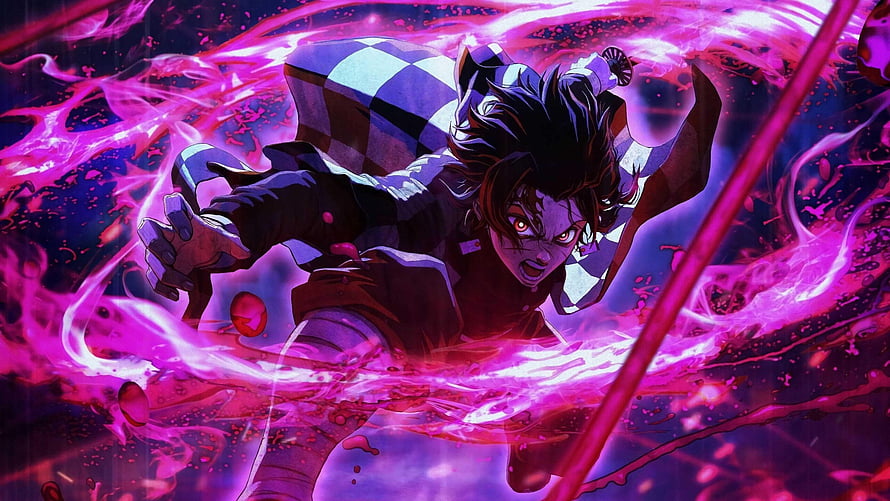 Demon Slayer Anime Character Wielding Sword in Vibrant Purple Energy Burst HD wallpaper