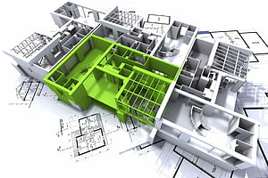 3D Architectural Building Model with Green Highlighted Section Over Blueprint Plans HD wallpaper