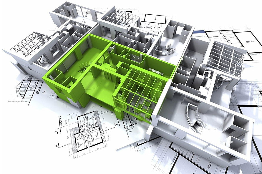 3D Architectural Building Model with Green Highlighted Section Over Blueprint Plans HD wallpaper