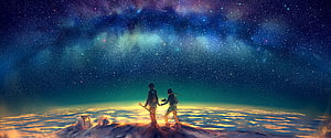 Two Silhouetted Figures Gazing at the Milky Way from a Cloud-Topped Peak HD wallpaper