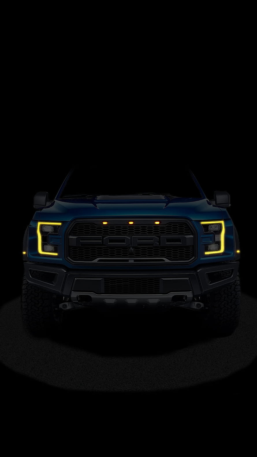 Ford Raptor Front Grille with Yellow LED Headlights on Dark Background HD phone wallpaper