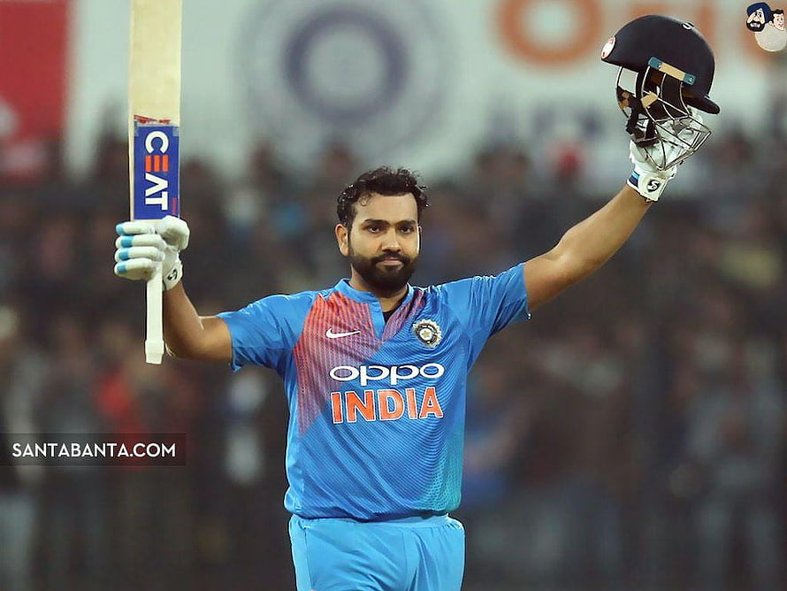 Rohit Sharma Celebrating with Bat and Helmet in India Cricket Jersey HD wallpaper