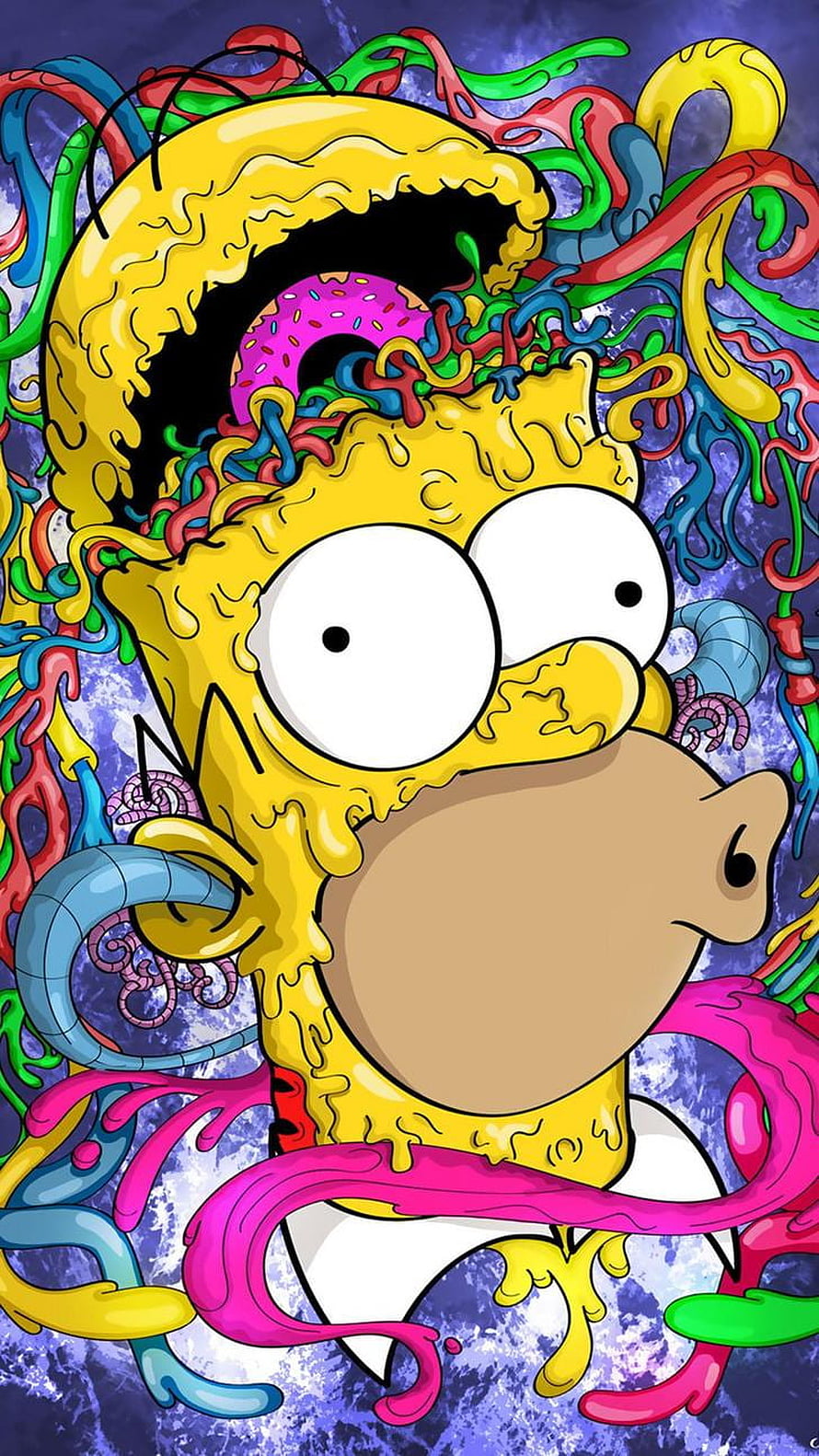 Psychedelic Homer Simpson with melting features and colorful tentacles in a surreal trippy illustration HD phone wallpaper