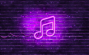 Glowing purple neon music note sign mounted on a dark brick wall with soft bokeh lighting HD wallpaper