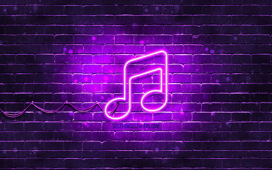 Glowing purple neon music note sign mounted on a dark brick wall with soft bokeh lighting HD wallpaper