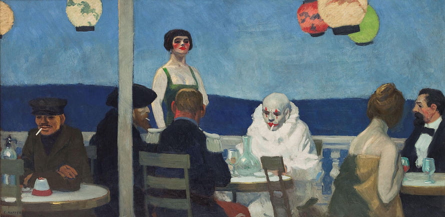 Edward Hopper's Nocturne painting of a late-night diner with a clown and patrons HD wallpaper