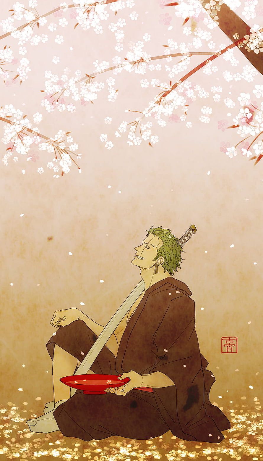 Roronoa Zoro Sitting Under Cherry Blossoms with Red Bowl and Katana HD phone wallpaper