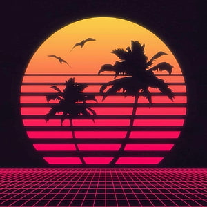Miami Vice Retro Sunset with Silhouetted Palms and Neon Grid Floor HD phone wallpaper