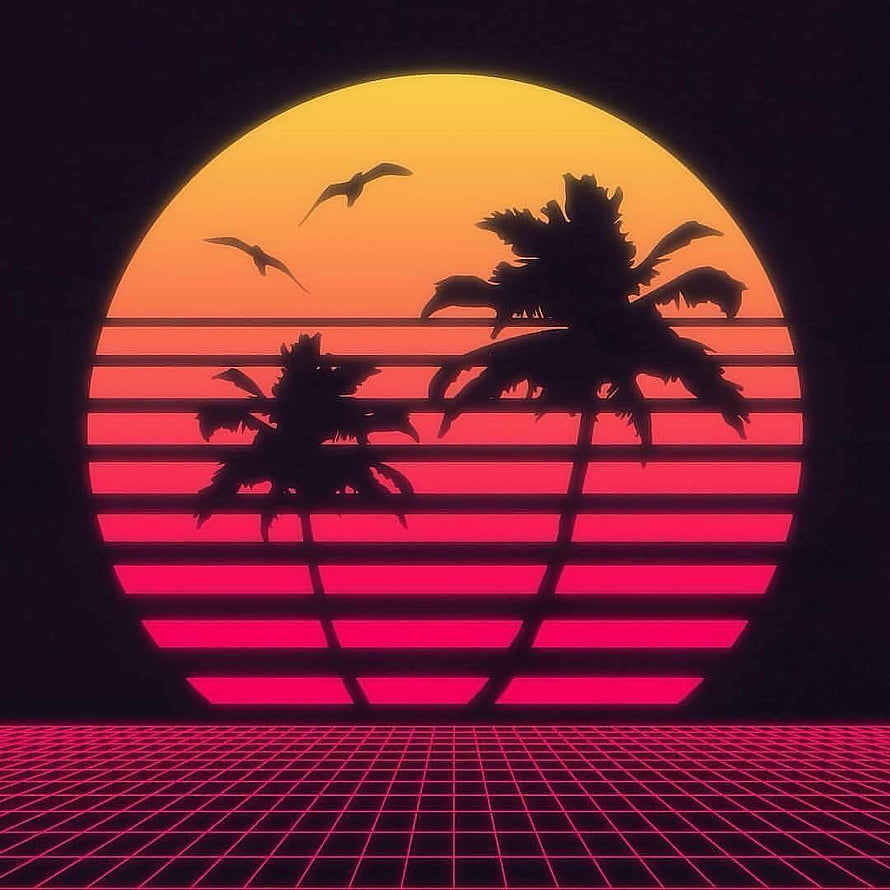 Miami Vice Retro Sunset with Silhouetted Palms and Neon Grid Floor HD phone wallpaper