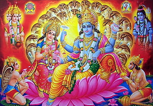 Vishnu and Lakshmi Seated on Lotus with Brahma and Shiva in Hindu Deity Painting HD wallpaper