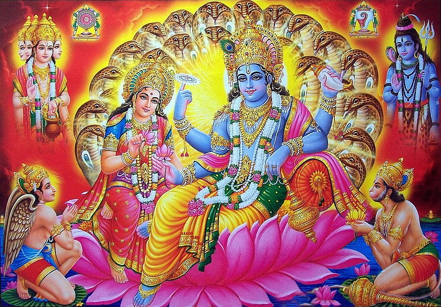 Vishnu and Lakshmi Seated on Lotus with Brahma and Shiva in Hindu Deity Painting HD wallpaper