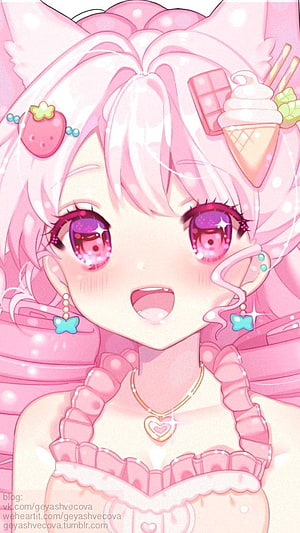 Kawaii Anime Girl with Pink Hair, Strawberry Hairpin, and Ice Cream Cone Accessory HD phone wallpaper