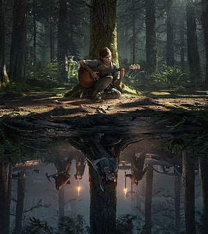 The Last of Us Part II Ellie Playing Guitar in a Misty Forest with Reflection HD phone wallpaper