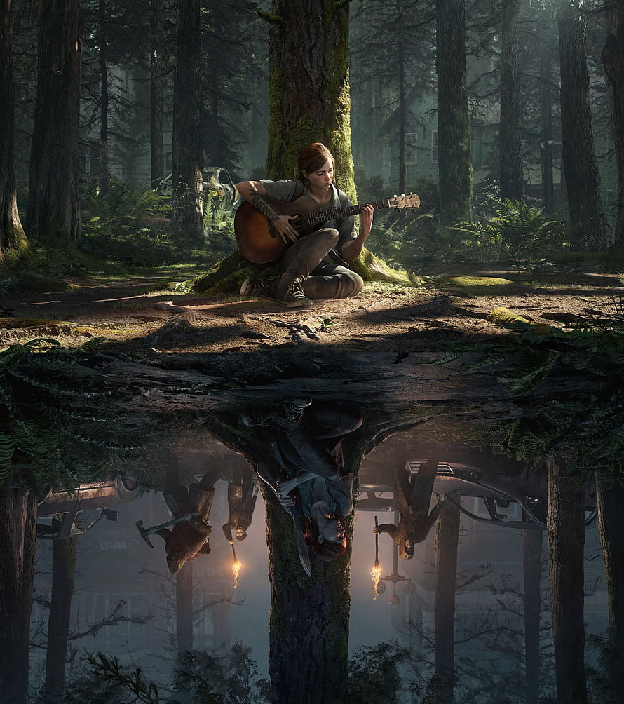 The Last of Us Part II Ellie Playing Guitar in a Misty Forest with Reflection HD phone wallpaper