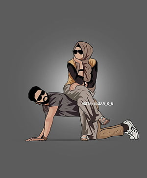 Stylized digital illustration of a Muslim couple in a playful pose with sunglasses HD phone wallpaper