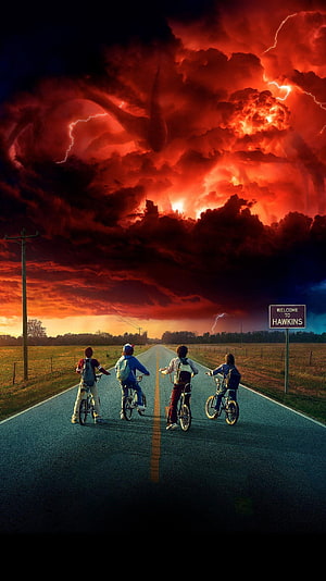 Stranger Things Four Kids on Bikes Under Red Stormy Sky in Hawkins HD phone wallpaper