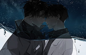 Intimate Anime Couple Under Starry Night Sky with Water Effects HD wallpaper
