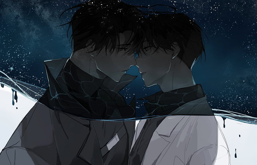 Intimate Anime Couple Under Starry Night Sky with Water Effects HD wallpaper