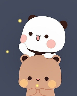 Cute Cartoon Panda Riding on Bear Friend with Glowing Fireflies HD phone wallpaper