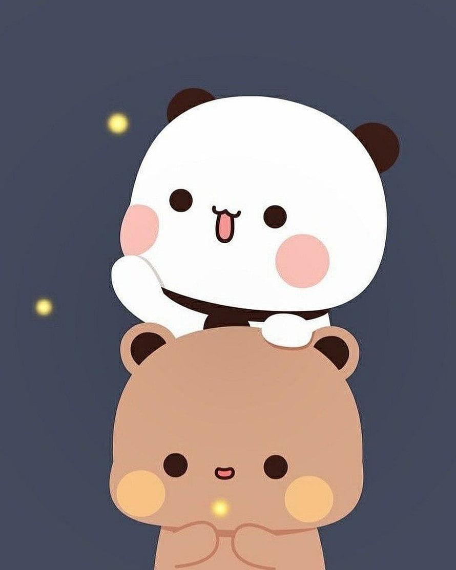 Cute Cartoon Panda Riding on Bear Friend with Glowing Fireflies HD phone wallpaper