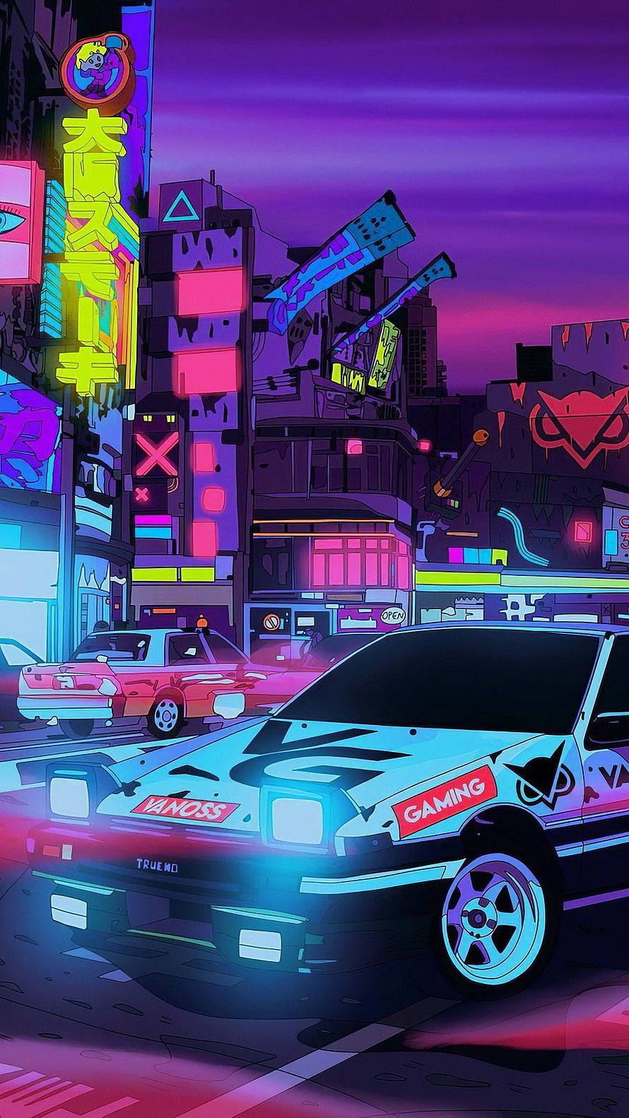 Neon Cyberpunk Cityscape with Retro Racing Car and Vibrant Night Street HD phone wallpaper