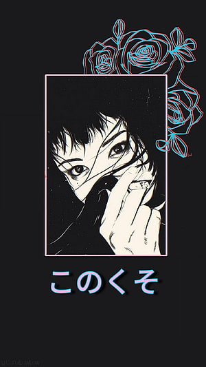 Dark Anime Aesthetic Portrait with Neon Rose Line Art and Japanese Text HD phone wallpaper