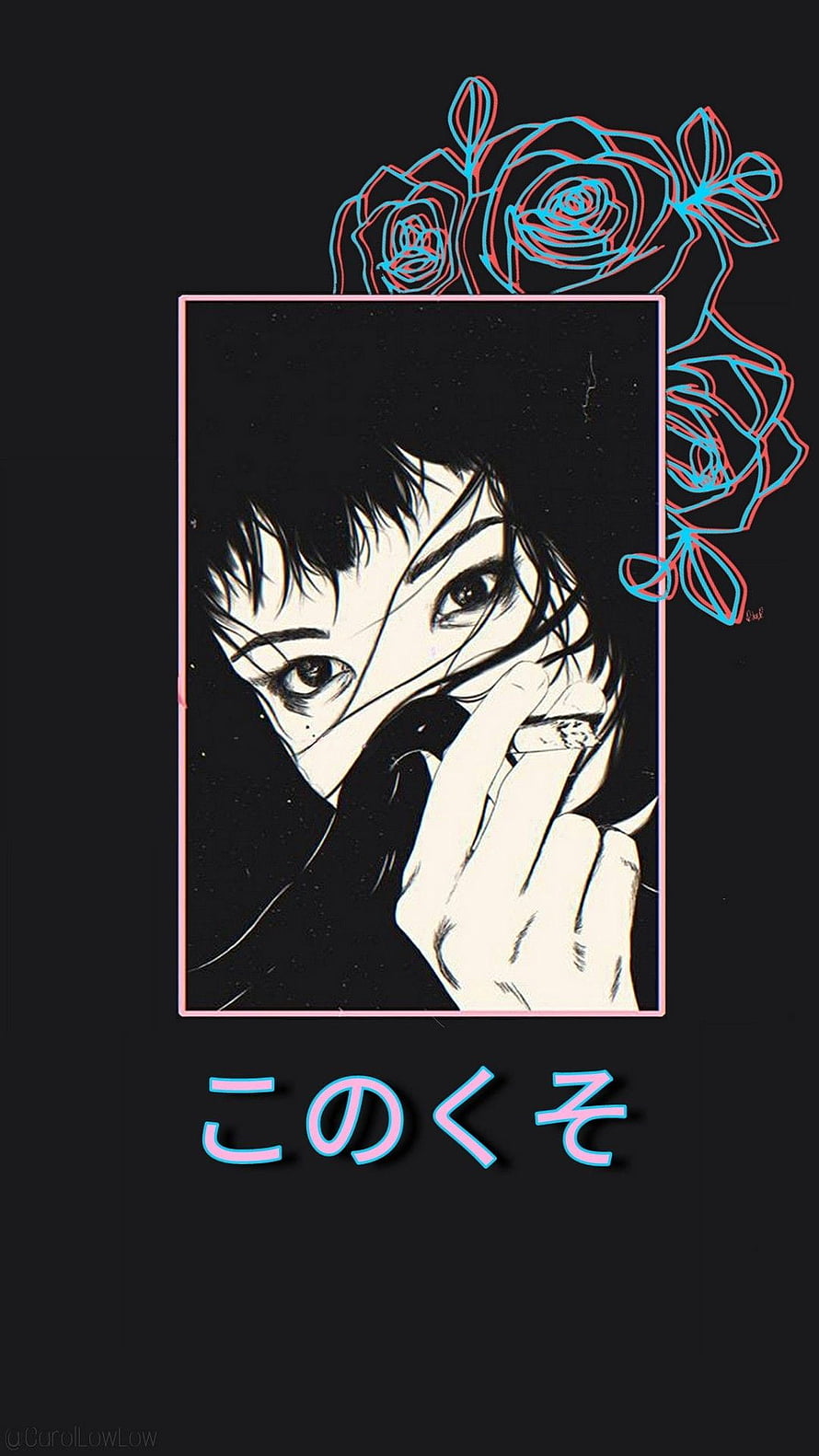 Dark Anime Aesthetic Portrait with Neon Rose Line Art and Japanese Text HD phone wallpaper