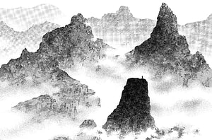 Vagabond manga panel showing a lone figure standing on a rocky peak above a sea of clouds HD wallpaper