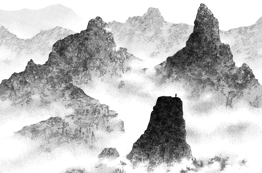 Vagabond manga panel showing a lone figure standing on a rocky peak above a sea of clouds HD wallpaper