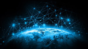 Global Digital Network Overlay on Earth with Blue Connectivity Nodes HD wallpaper