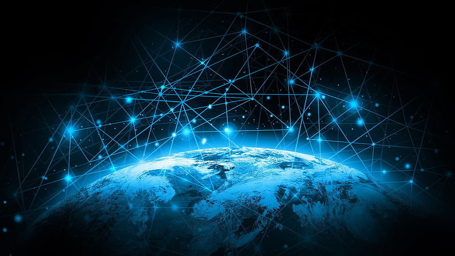 Global Digital Network Overlay on Earth with Blue Connectivity Nodes HD wallpaper