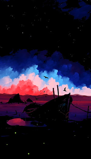 Moody Digital Art of a Wrecked Ship at Dusk with Vibrant Sunset Clouds and Starry Night Sky HD phone wallpaper