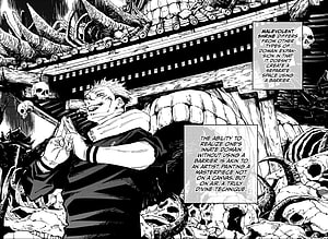 Sukuna Malevolent Shrine Manga Panel with Skulls and Domain Expansion Text HD wallpaper